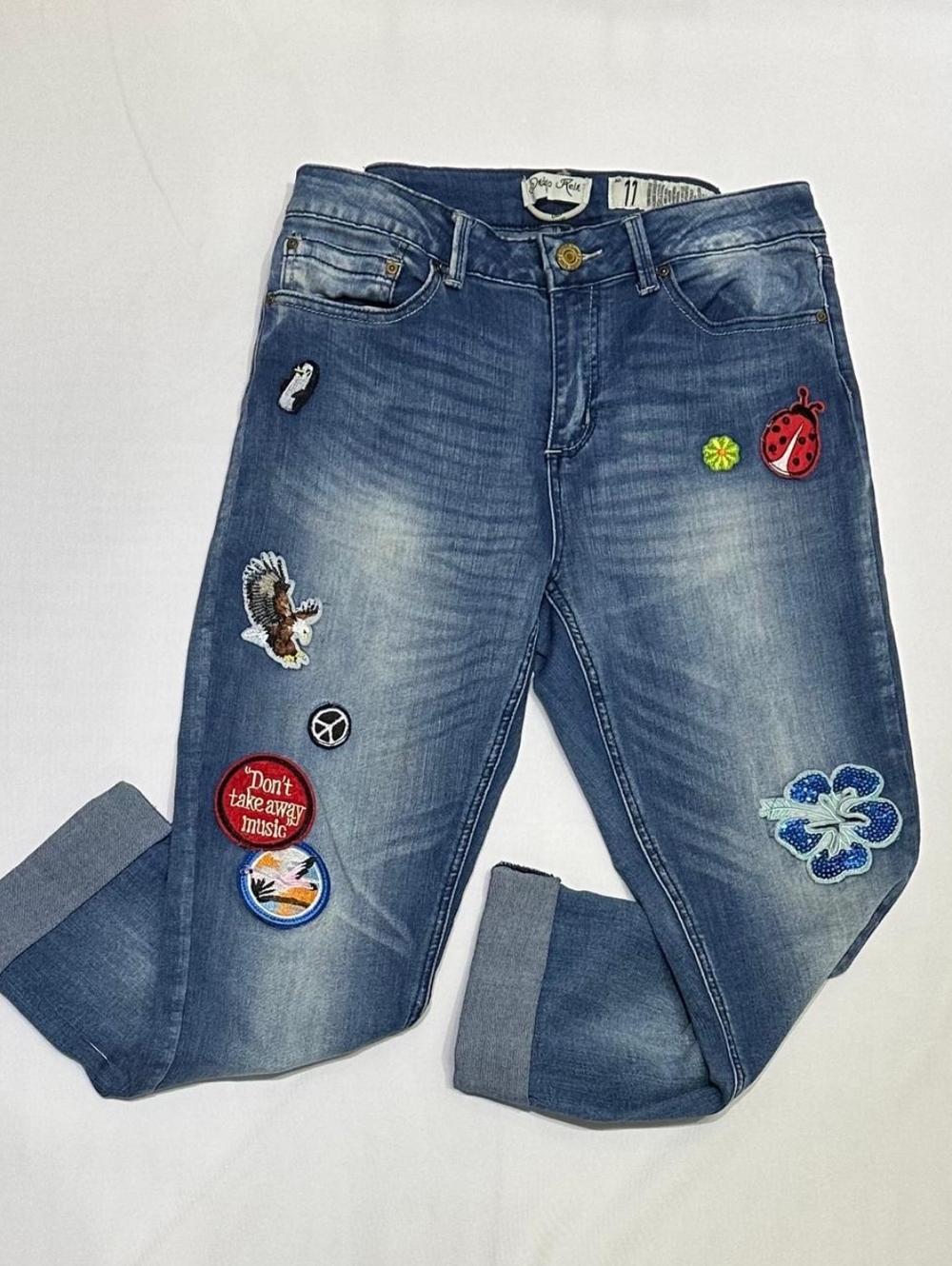 Indigo Rein Cropped Jeans , Embroidered Patch Denim Trendy Women's Retro Style